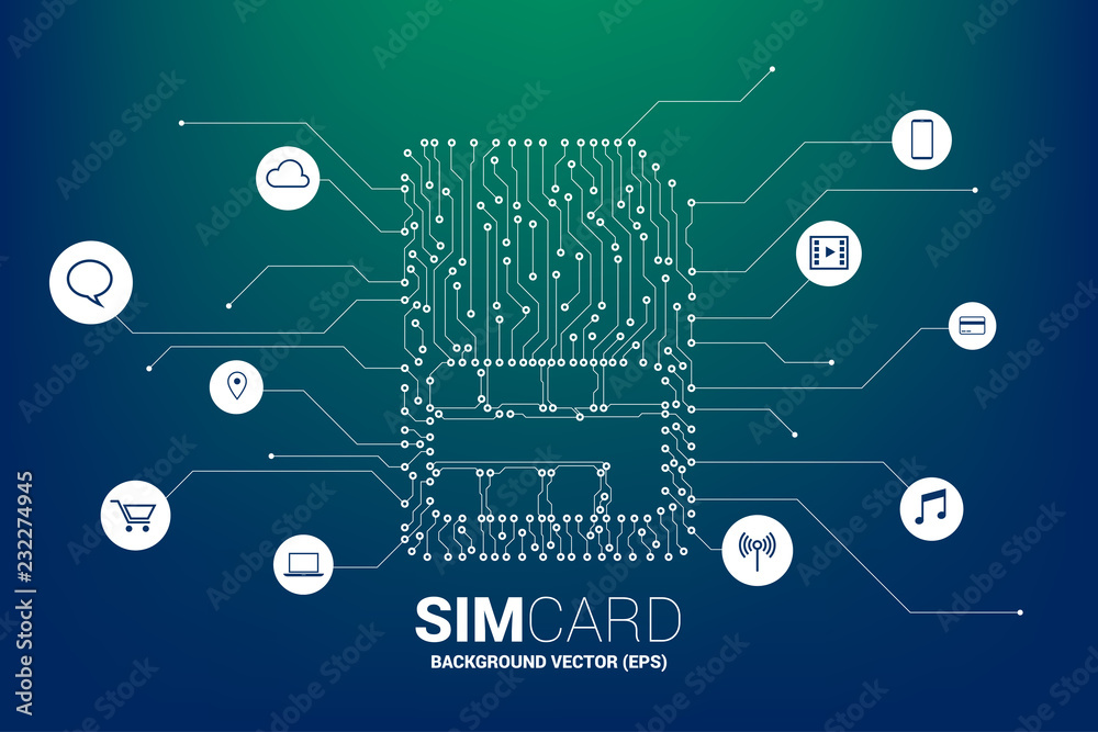 Aufkleber Vector Polygon dot connect line shaped sim card icon circuit board style with functional icon. Concept for mobile sim card technology  and network.
