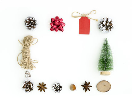 Christmas Square frame from cones, anise stars, rope, bow, Christmas tree, nut on a white background with free space for inscriptions or wishes. Christmas border Flat lay new year composition mock up