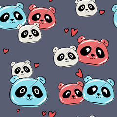 Cute panda seamless pattern, hand drawn on blue background with hearts, vector illustration.background for greeting cards, wallpaper, print on fabric. dad, mom baby panda, family