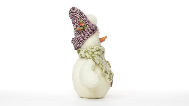 White snowman with an orange nose, rotating in a seamless loop on white background
