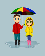 Girl and boy with umbrella. Kids in rainy day