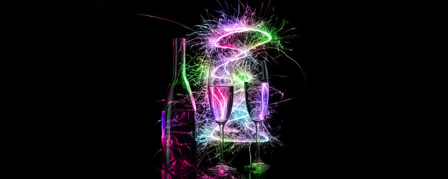 The bottle and two tall glasses of champagne in multi-colored Be