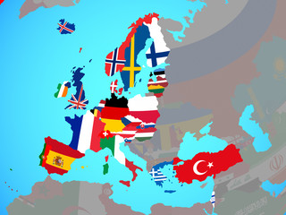 Obraz premium OECD European members with national flags on blue political globe.