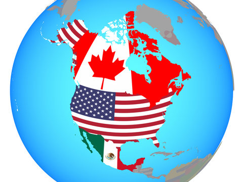 NAFTA Memeber States With National Flags On Blue Political Globe.