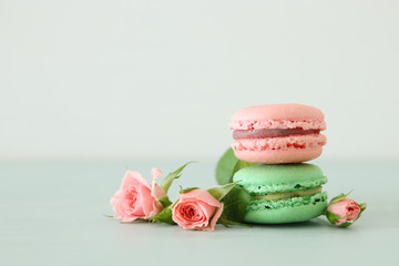 Obraz na płótnie Canvas Image of romantic colorful macaron or macaroon over pastel background.