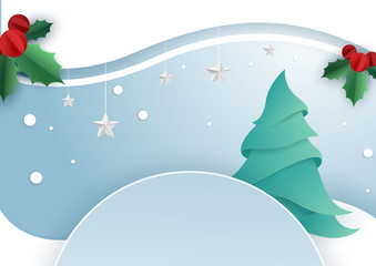 Christmas and New Year festive background with paper Christmas tree, holly and stars.