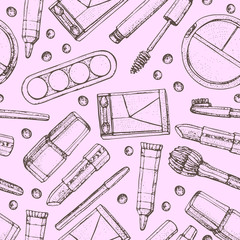 Cosmetics and fashion seamless pattern with make up artist objects: lipstick, eye shadows, mascara ,eyeliner, concealer, nail polish. Hand drawn vector illustrations