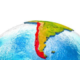 Chile on 3D Earth with visible countries and blue oceans with waves.