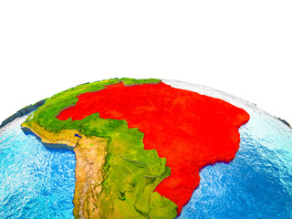 Brazil on 3D Earth with visible countries and blue oceans with waves.