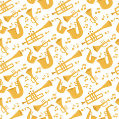 Wind musical instruments tools acoustic musician equipment orchestra seamless pattern background vector illustration