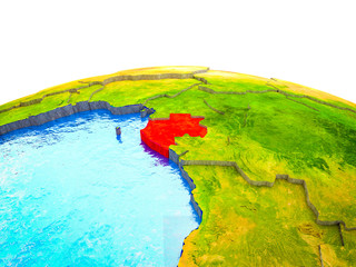 Gabon on 3D Earth with visible countries and blue oceans with waves.