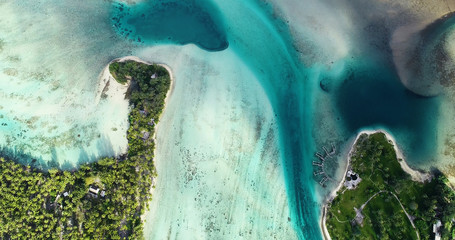 island of a lagoon in aerial view, French Polynesia