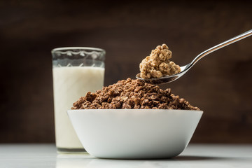 Bowl with granola owith glass of milk.