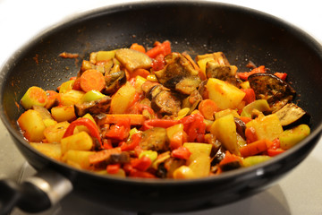 Vegetable stew in a pan, tasty and healthy cooking at home