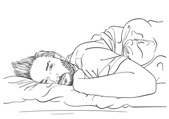 Sketch of handsome bearded man laying in bed with sleepy open eyes, Hand drawn vector linear illustration