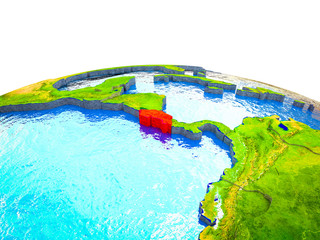 Costa Rica on 3D Earth with visible countries and blue oceans with waves.