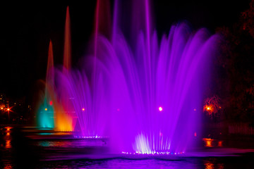 Glowing multicolored illumination fountains in the Far Eastern city of Khabarovsk.
