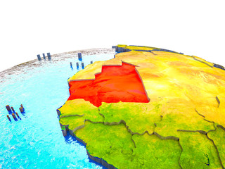 Mauritania on 3D Earth with visible countries and blue oceans with waves.