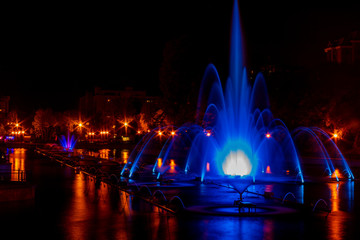 Glowing multicolored illumination fountains in the Far Eastern city of Khabarovsk.