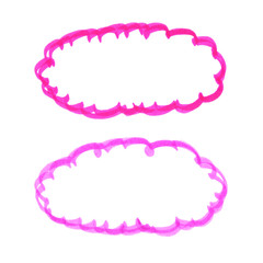 Two bright pink abstract clouds painted in highlighter felt tip pen on clean white background