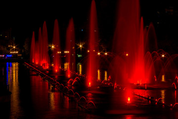 Glowing multicolored illumination fountains in the Far Eastern city of Khabarovsk.