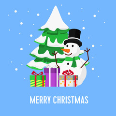Christmas greeting card banner template with illustration of snowman and tree