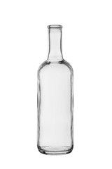 empty bottle with a narrow neck from transparent, colourless glass on a white background