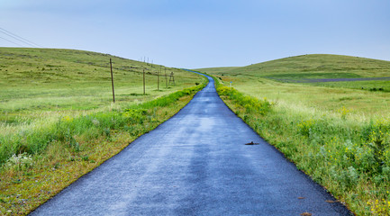 Straight highway after rain among grassy hills