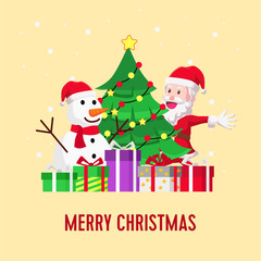 Christmas greeting card banner template with illustration of Santa Claus and Snowman and fir tree with gift box