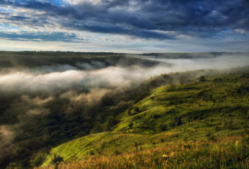 fog in the canyon of a picturesque river. spring morning