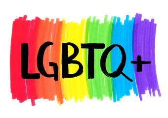 Word "LGBTQ" hand written in black on rainbow colored background