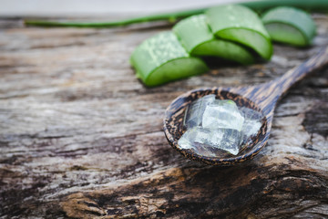 fresh aloe vera leaves on wooden background.