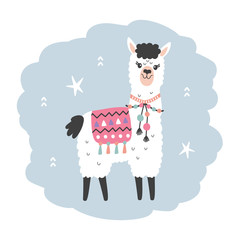 Hand Drawn Cartoon Llama Character, isolated on white