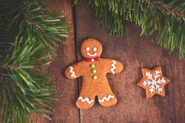 Homemade gingerbread cookies and christmas tree