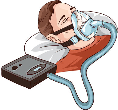 Young Man Lying On Bed With Sleeping Apnea And CPAP