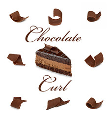 Chocolate curls with chocolate or devils cake isolated on white background