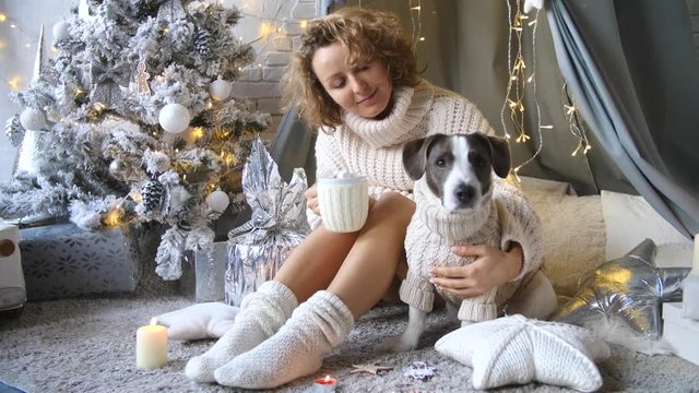 Young Woman With Dog Sitting At Christmas Tree In Cozy Atmosphere.