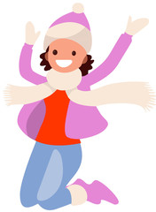 Girl on white background in purple clothes jumping