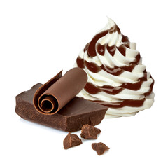 Soft vanilla ice cream with chocolate sauce isolated on white background 