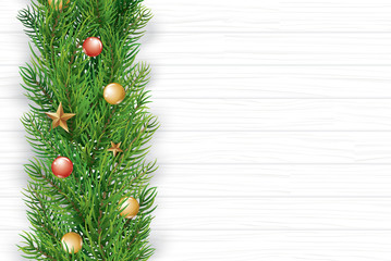 Fototapeta na wymiar Christmas with fir branch on white wooden background. Vector illustration top view and copy space for text. Use for greeting card, banner, web cover.