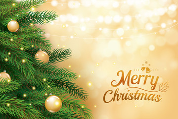 Christmas tree with gold blur bokeh lights background. Vector illustration for cover, banner, greeting card template.