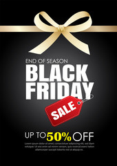 Fototapeta na wymiar Black friday sale flyer template. Dark background with gold ribbon. Use for poster, email, newsletter, shopping, promotion, advertising.