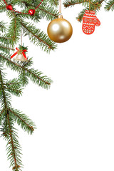 Branches of natural fir tree with Christmas toys and ornament