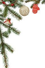 Branches of natural fir tree with Christmas toys and ornament