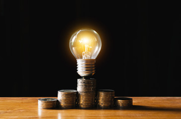 Coins and light bulb put on the wooden for saving money,energy concept in dark background.