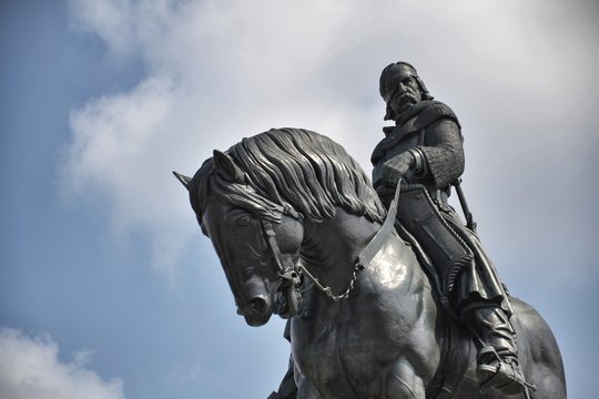 Jan Zizka equestrian statue from sculptor Bohumil Kafka (1878-1942) in front of National memorial Vitkov, Prague, Czech Republic, sunny day