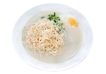 Rice porridge with pork and egg,isolated on white background with clipping path