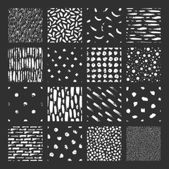 Set of 16 seamless pattern. Drops, points, lines, stripes, circles, squares, rectangles. Abstract forms drawn a wide pen and ink. Backgrounds in black and white. Hand drawn. Vector illustration.