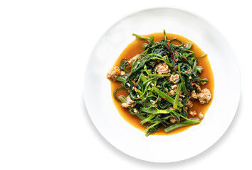 Stir fried morning glory isolated on white background with clipping path