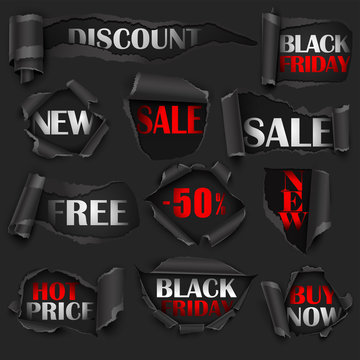 Torn Black Papers, Sale, Discount. Vector illustration